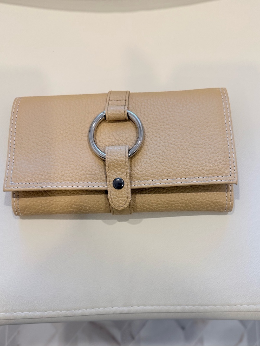Faux leather beige trifold travel jewelry organizer clutch